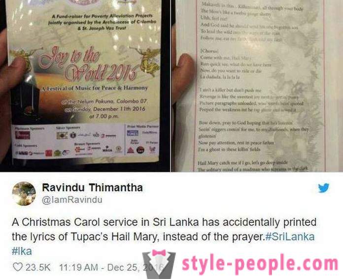 În Sri Lanka, enoriașii bisericii distribuite broșuri cu textul cântecului rapper-ului în loc de rugăciune